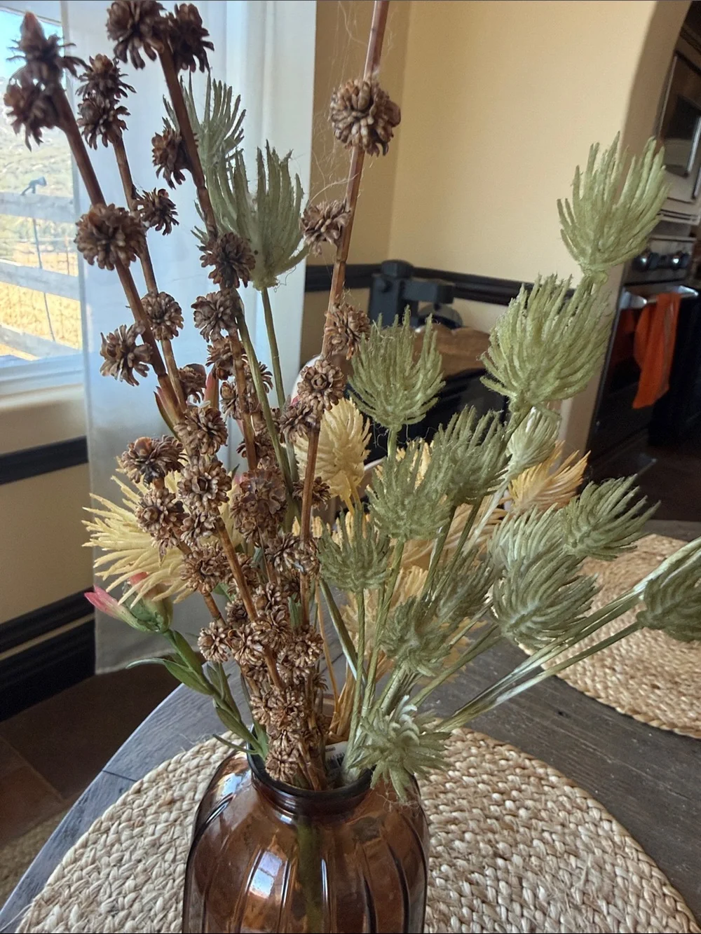 Floral Decor with Amber colored Vase Boho Farmhouse Hacienda